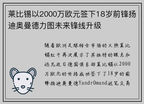 莱比锡以2000万欧元签下18岁前锋扬迪奥曼德力图未来锋线升级
